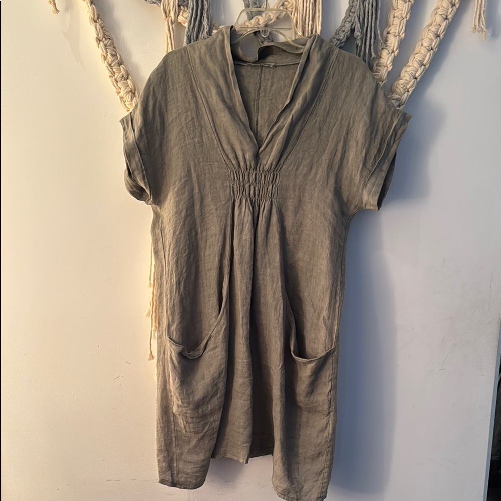 Linen olive Tan Women's dress.  Size L